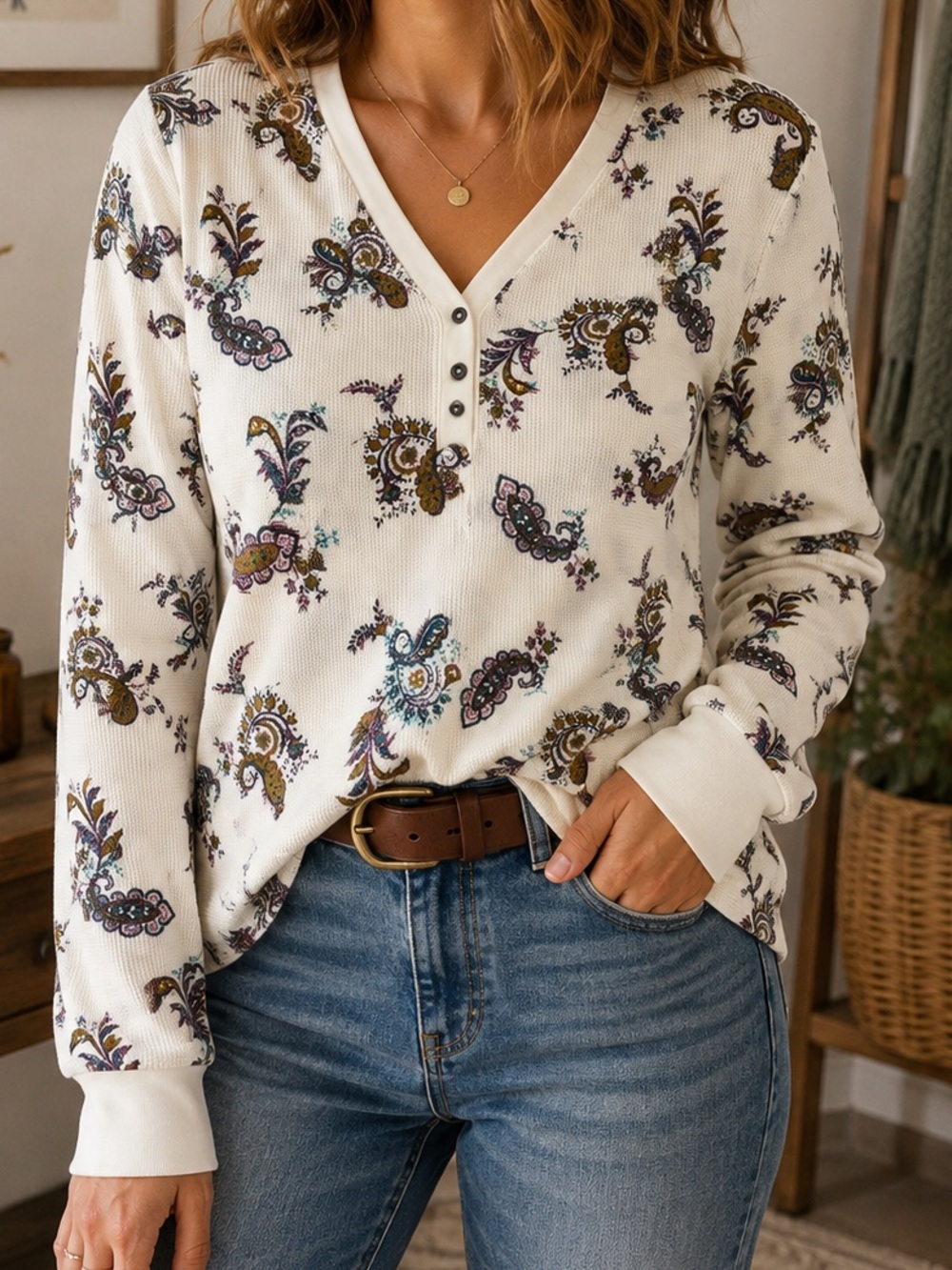 Time and Tru Womens XL Paisley Thermal Henley Top Waffle Knit Boho Long Sleeve